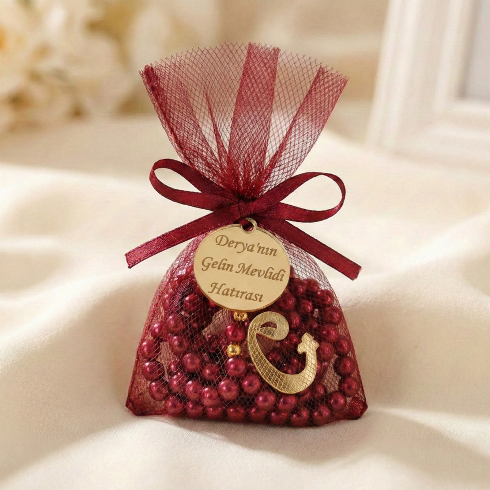 İsme Özel Küçük Tül Kese İçerisinde Vavlı İnci Tesbih