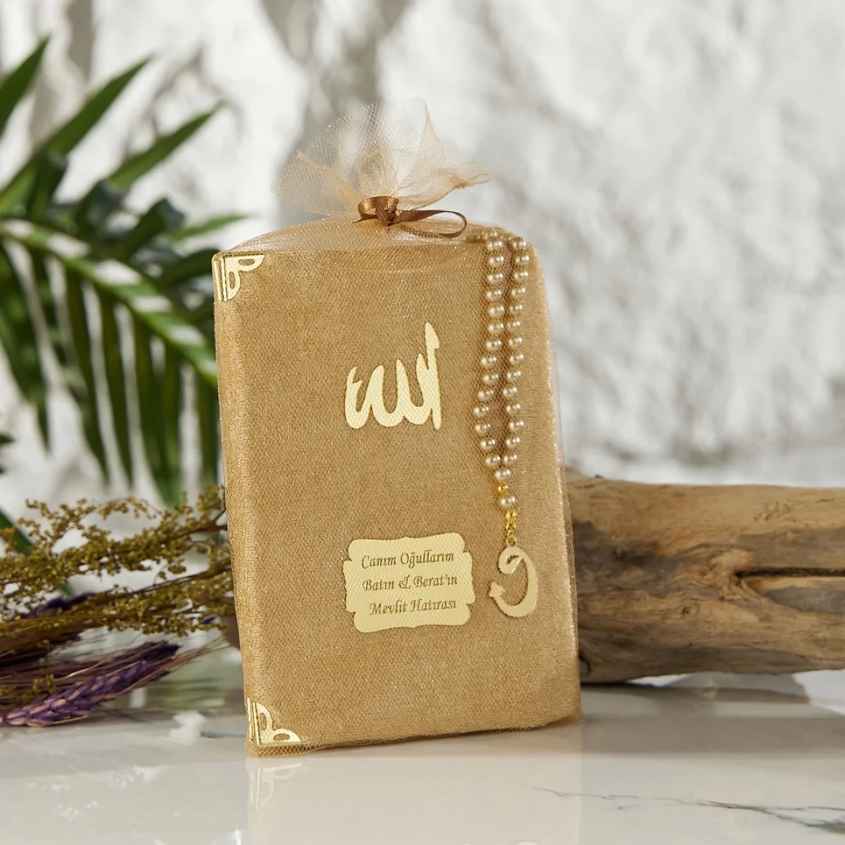 Tül Kese İçerisinde İnci Tesbihli Renkli Kadife Yasin Kitabı Seti - Mevlüt Hediyelikleri