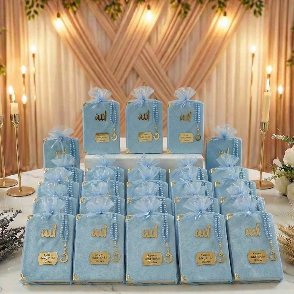 Tül Kese İçerisinde İnci Tesbihli Renkli Kadife Yasin Kitabı Seti - Mevlüt Hediyelikleri - Görsel 8