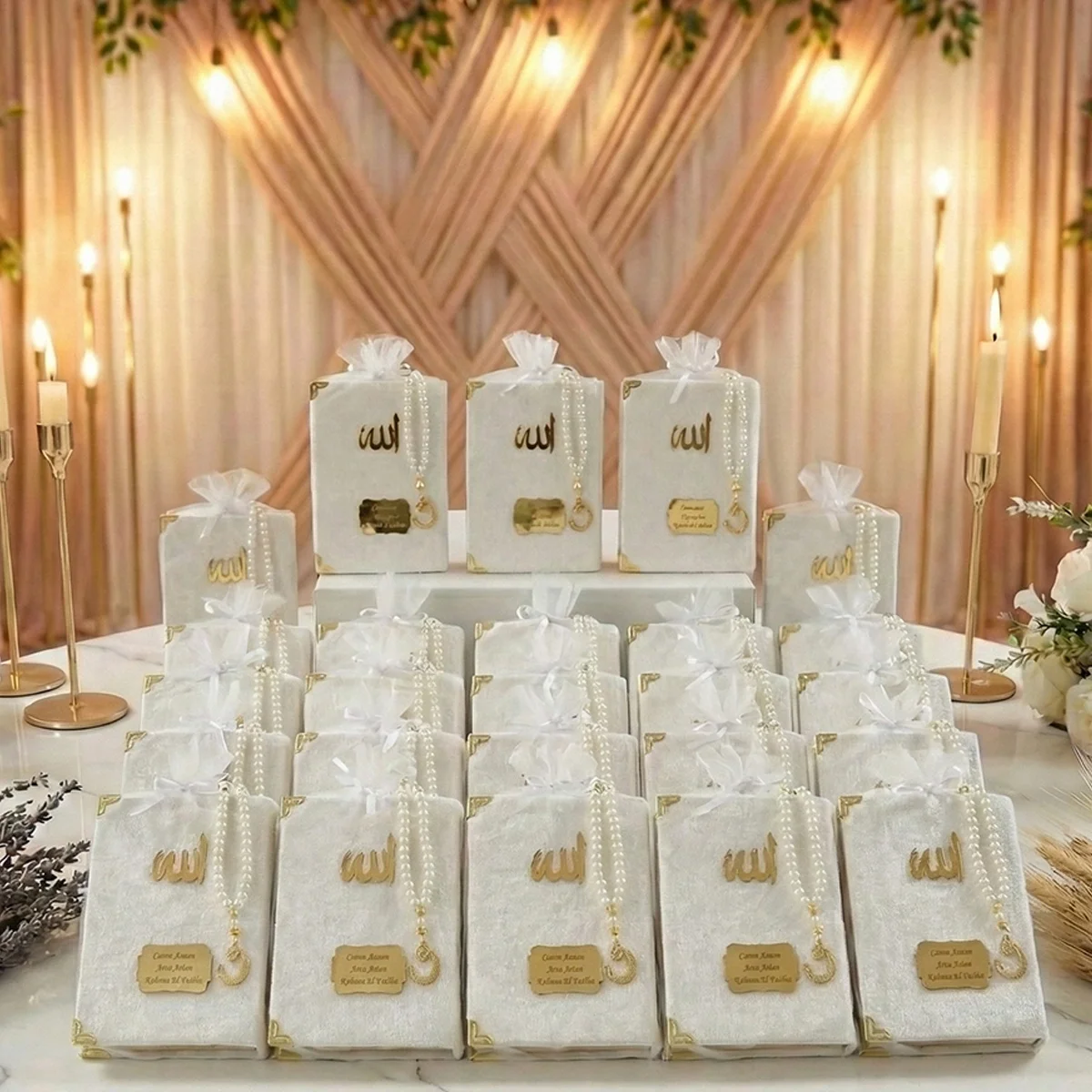 Tül Kese İçerisinde İnci Tesbihli Renkli Kadife Yasin Kitabı Seti - Mevlüt Hediyelikleri - Görsel 2