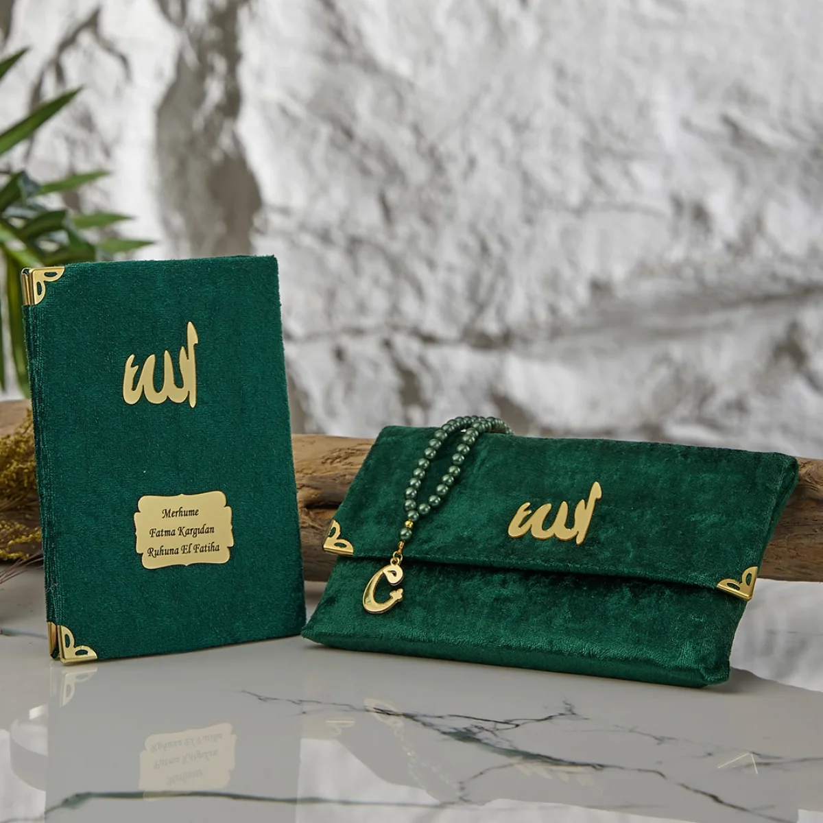 Kadife Kumaş Kaplı Çanta İçerisinde İnci Tesbihli Renkli Kadife Yasin Kitabı Seti - Mevlüt Hediyelikleri