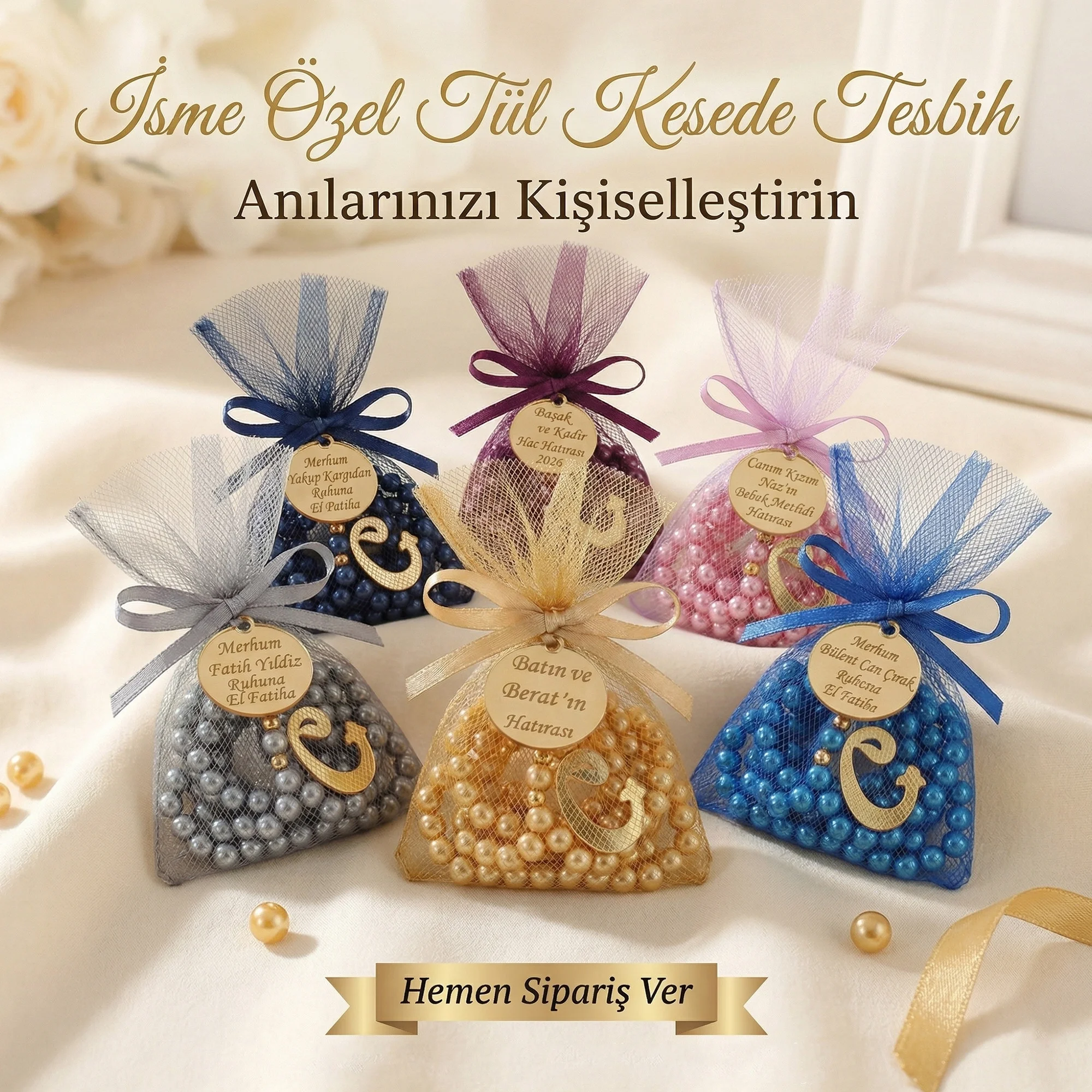 İsme Özel Tül Kesede Tesbih